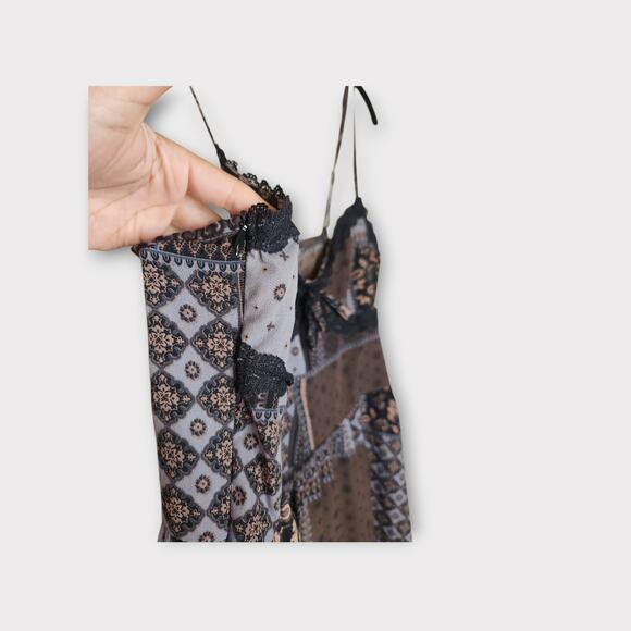 Cider Womens Paisley Patchwork Lace Trim Slip Dress Black Brown XL Whimsy Goth - Picture 6 of 9